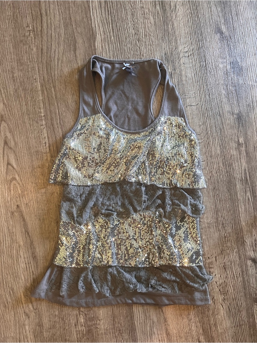 Vanity grey and silver Express sequin and lace tiered tank top